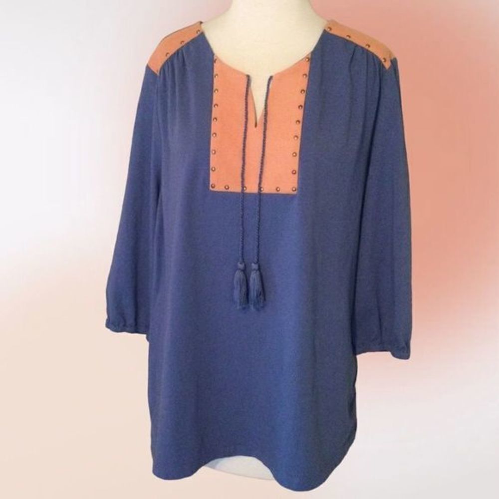 HAUTE‎ Hippie Tribe Blue Faux Suede Tassel Tunic Top L